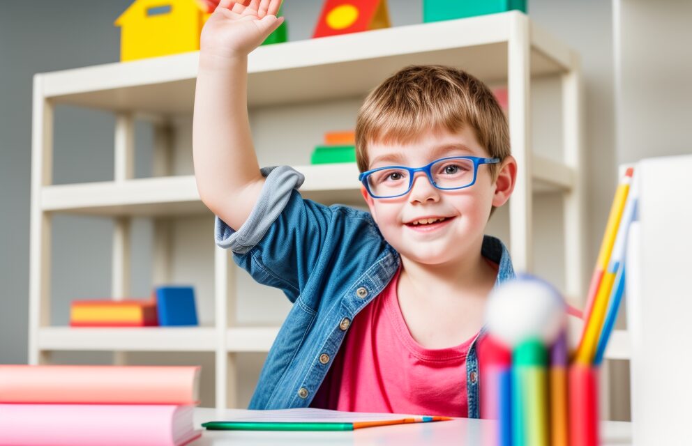 A young autistic boy engaged in learning at the Collaboration Station Autism Center. He is immersed in a supportive environment, with attentive educators guiding his educational journey